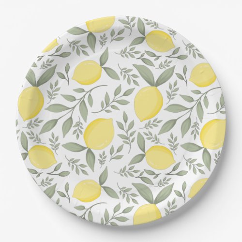 Chic Lemons and Leaves Pattern Monogram Paper Plates