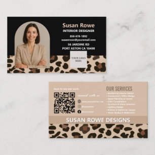 Chic Leopard Black and Beige QR Code Arch Photo Business Card