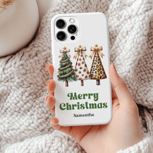 Chic leopard pattern Christmas trees custom name iPhone 15 Plus Case