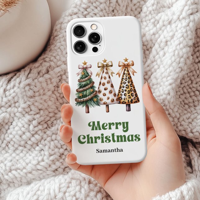 Chic leopard pattern Christmas trees custom name  Case-Mate iPhone Case (Chic leopard pattern Christmas trees custom name case gift)