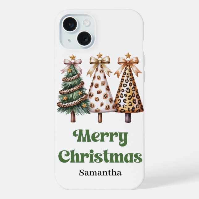 Chic leopard pattern Christmas trees custom name  Iphone Case (Back)