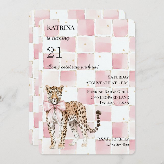 Chic Leopard Pink Bow Squares Birthday Invitation (Front/Back)