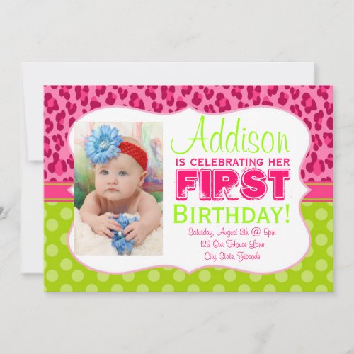 Chic Leopard &amp; Polka Dots Lime Green &amp; Pink Invite