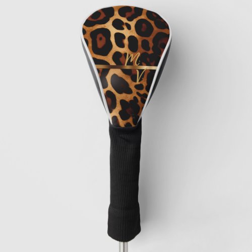 Chic Leopard Print and Gold Monogrammed  Golf Head Cover
