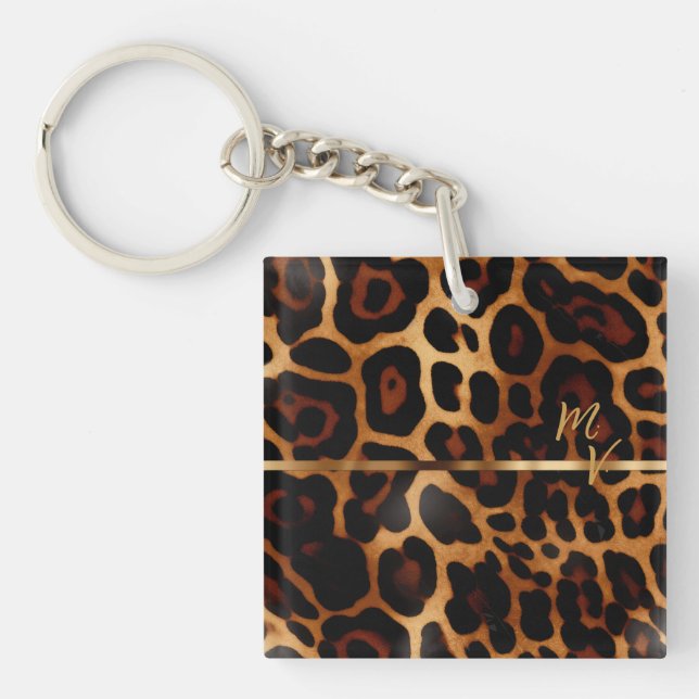 Chic Leopard Print and Gold Monogrammed  Keychain (Front)