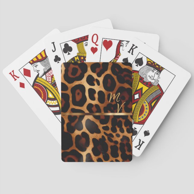 Chic Leopard Print and Gold Monogrammed  Poker Cards (Back)