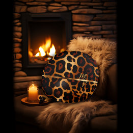 Chic Leopard Print and Gold Monogrammed  Round Pillow