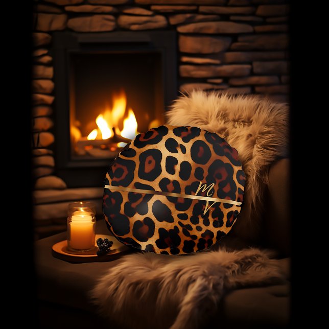 Chic Leopard Print and Gold Monogrammed  Round Pillow (Stylish Luxe Leopard-Print Decorative Throw Pillow )