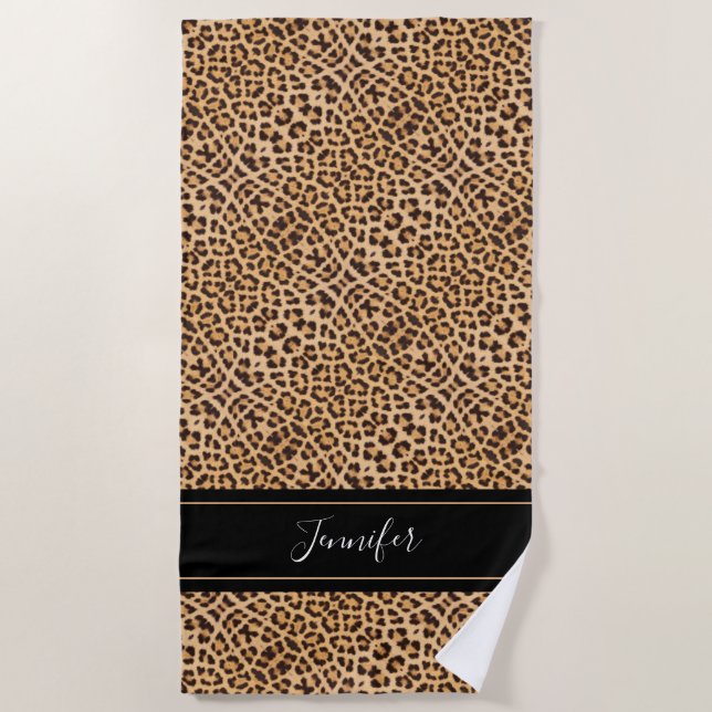 Chic Leopard Print Black Script Personalized Beach Towel (Front)