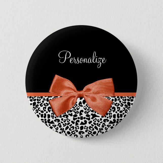 Chic Leopard Print Burnt Orange Bow and Name Pinback Button (Front)