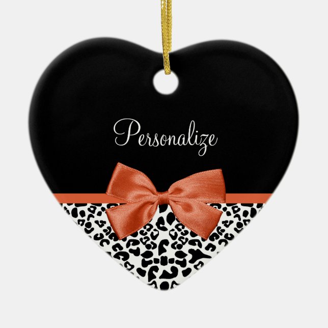 Chic Leopard Print Burnt Orange Bow With Name Ceramic Ornament (Front)