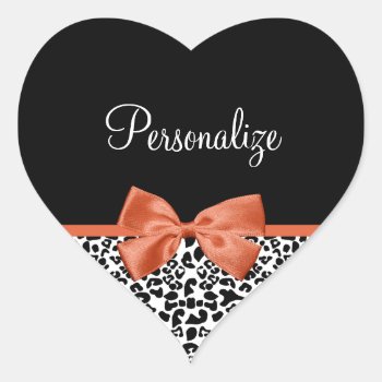 Chic Leopard Print Burnt Orange Bow With Name Heart Sticker by ohsogirly at Zazzle