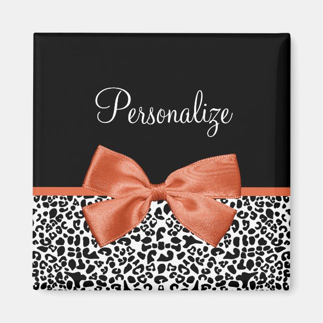 Chic Leopard Print Burnt Orange Bow With Name Magnet (Front)