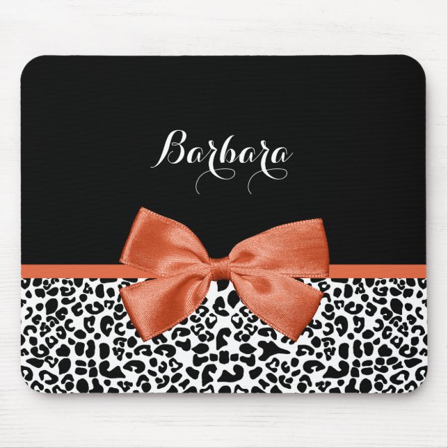 Chic Leopard Print Burnt Orange Bow With Name Mouse Pad (Front)