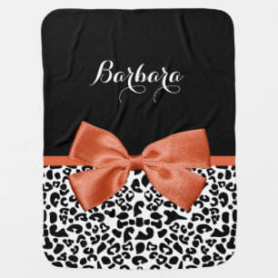 Chic Leopard Print Burnt Orange Bow With Name Receiving Blanket