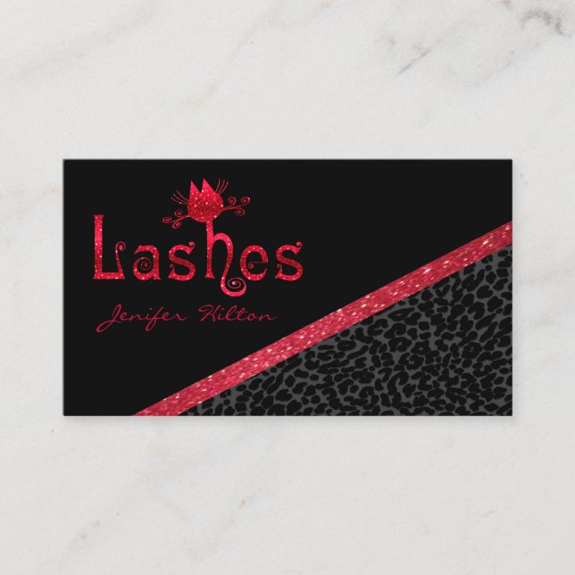 Chic leopard print glittery cats lashes logo business card (Front)