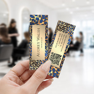 Chic Leopard Print Gold Glitter Luxury QR Code Mini Business Card