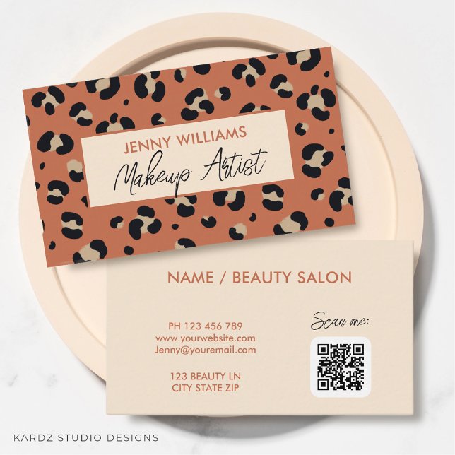 Chic Leopard Print Modern Makeup Artist Business Card (Make this trendy beauty salon or make-up artist business card to keep your business always present.)