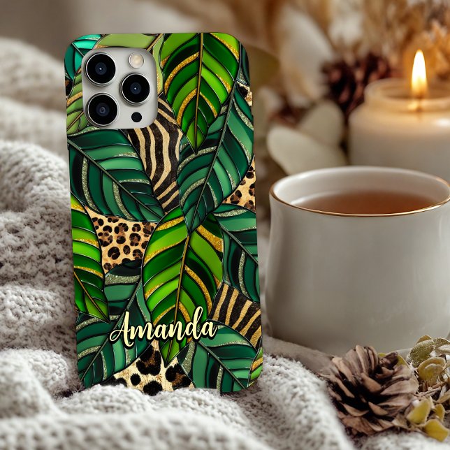 chic leopard print monstera leaves monogram Case-M Case-Mate iPhone Case (Creator Uploaded)