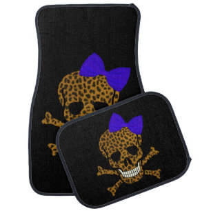Chic Leopard Print Pirate Skull Blue Bow Car Floor Mat