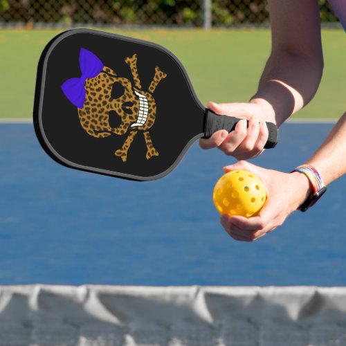 Chic Leopard Print Pirate Skull Blue Bow Pickleball Paddle