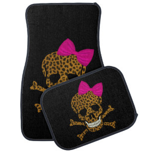 Chic Leopard Print Pirate Skull Pink Bow Car Floor Mat