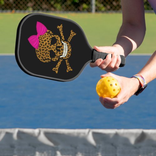 Chic Leopard Print Pirate Skull Pink Bow Pickleball Paddle
