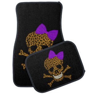 Chic Leopard Print Pirate Skull Purple Bow Car Floor Mat