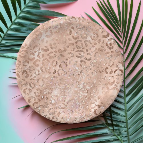 Chic Leopard Print Rose Gold Blush Sparkle Paper Plates