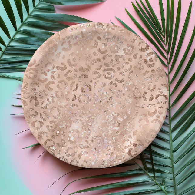 Chic Leopard Print Rose Gold Blush Sparkle Paper Plates (Creator Uploaded)