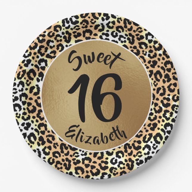 Chic Leopard Print Sweet 16 Birthday Paper Plates (Front)