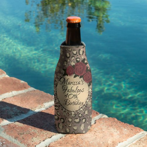 Chic Leopard Rose Fabulous 40th Birthday Customize Bottle Cooler