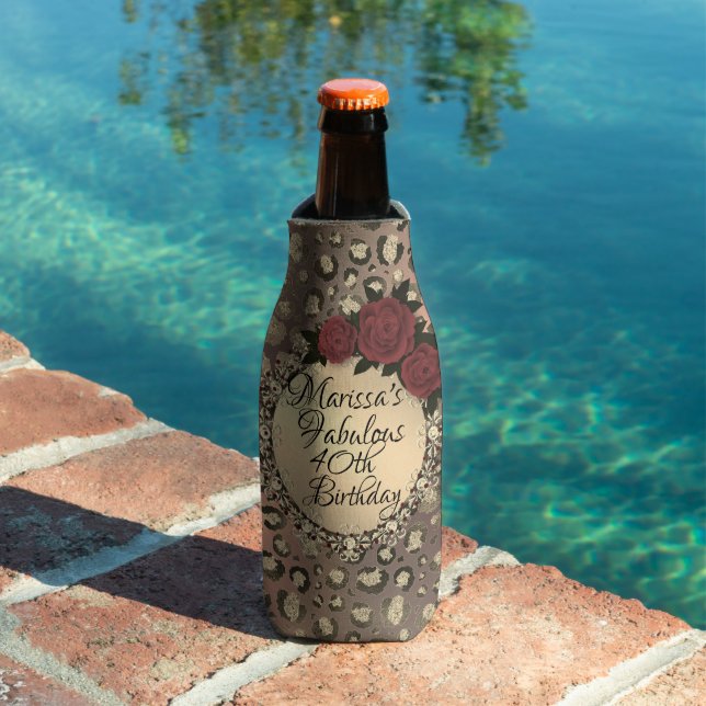 Chic Leopard Rose Fabulous 40th Birthday Customize Bottle Cooler (In Situ Pool)
