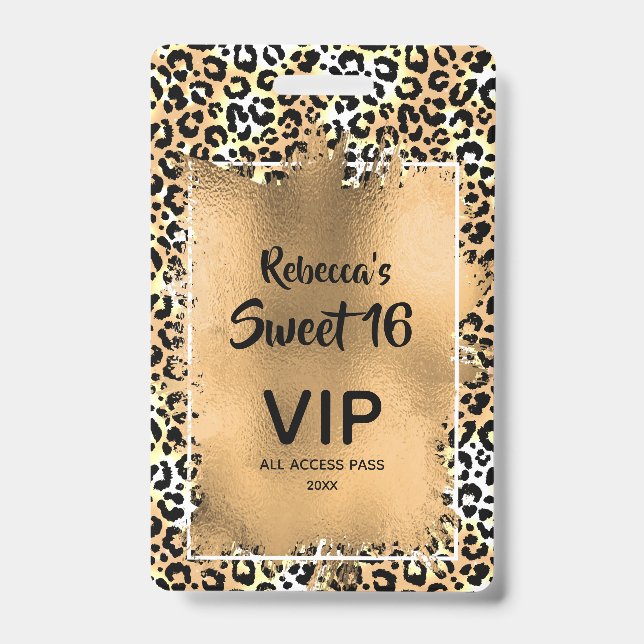 Chic Leopard Sweet 16th Birthday Invite VIP Pass Badge (Front)