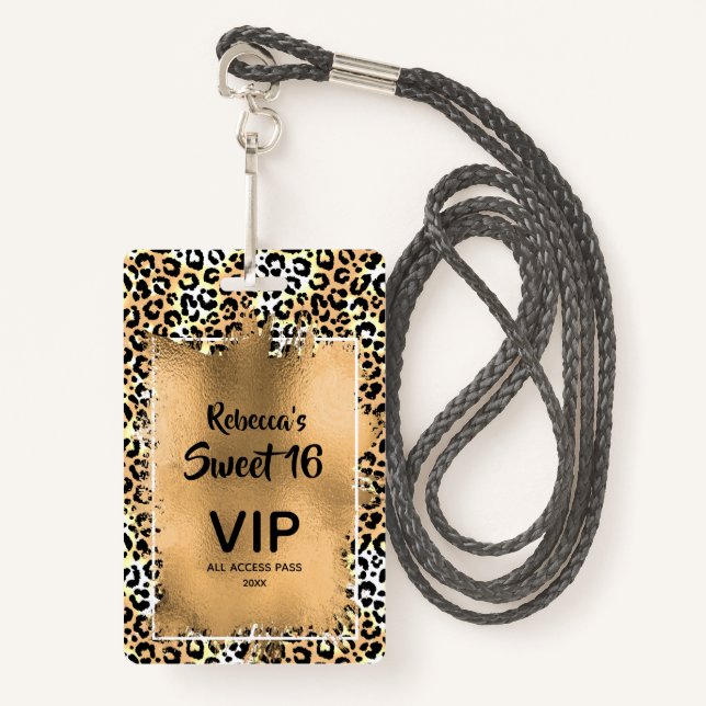 Chic Leopard Sweet 16th Birthday Invite VIP Pass Badge (Front with Lanyard)
