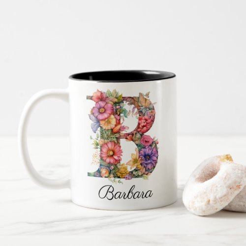 Chic Letter B  Whimsical Floral Letter Monogram Two_Tone Coffee Mug