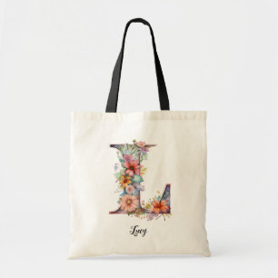 Chic Letter L Whimsical Floral Letter Monogram Tote Bag