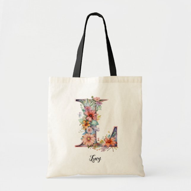 Chic Letter L | Whimsical Floral Letter Monogram Tote Bag (Front)