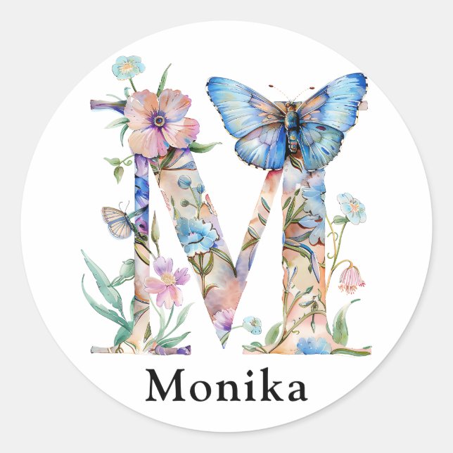 Chic Letter M | Whimsical Floral Letter Monogram Classic Round Sticker (Front)