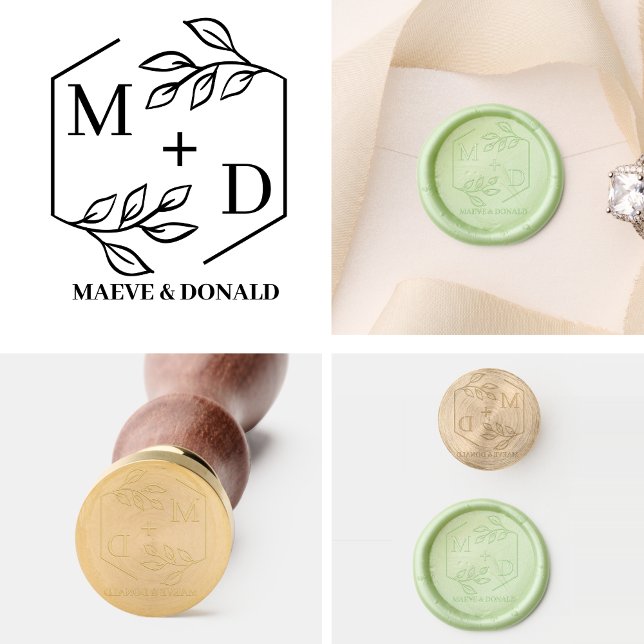 chic letter & names monogram wreath wedding wax seal stamp (wedding wax seals monogram wreath botanical initials leaves laurel couple foliage leaf elegant moder)