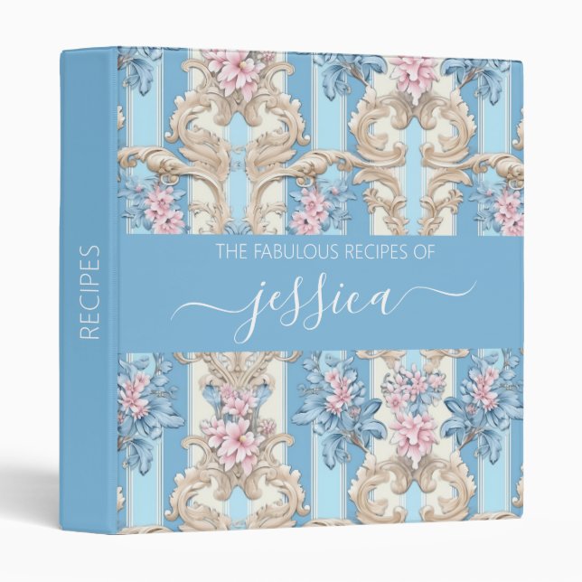 Chic light blue baroque floral script name  3 ring binder (Front/Spine)