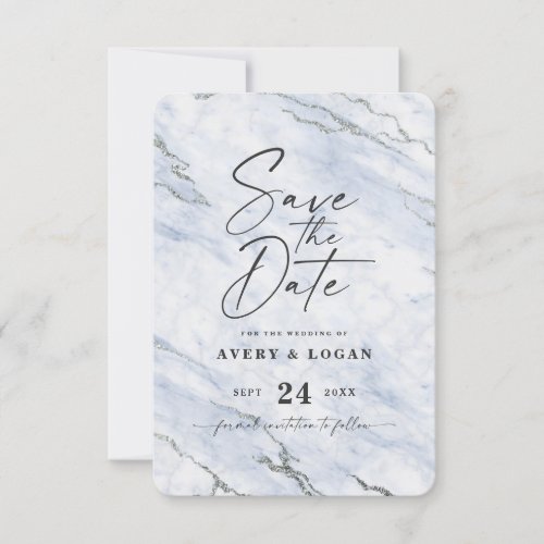 Chic Light Blue Marble with Silver Glitter Save The Date