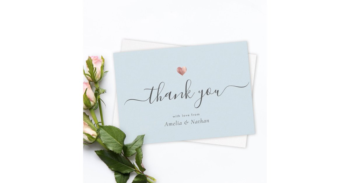 Chic Light Blue Modern Script Rose Gold Heart Thank You Card | Zazzle