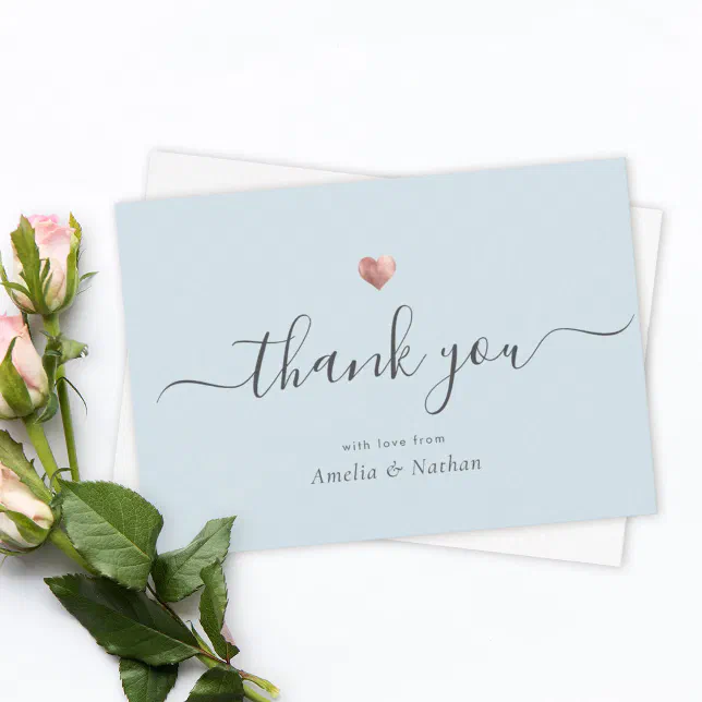 Chic Light Blue Modern Script Rose Gold Heart Thank You Card | Zazzle