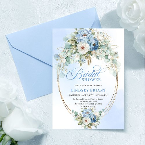 Chic Light Blue Peony Gold Accent Bridal Shower