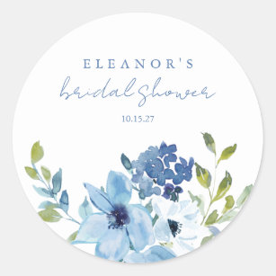 Chic Light Blue Watercolor Floral Bridal Shower  Classic Round Sticker