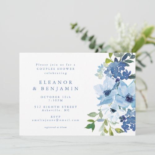Chic Light Blue Watercolor Floral Couples Shower Invitation