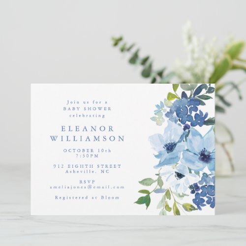 Chic Light Blue Watercolor Floral Cute Baby Shower Invitation