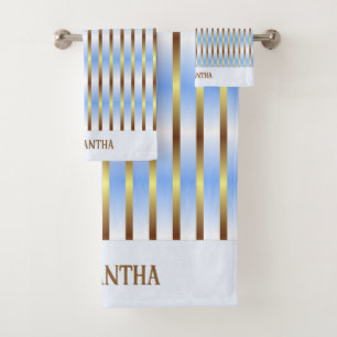 Chic Light Blue White And Gold Stripes Monogrammed Bath Towel Set