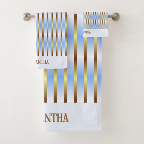 Chic Light Blue White And Gold Stripes Monogrammed Bath Towel Set